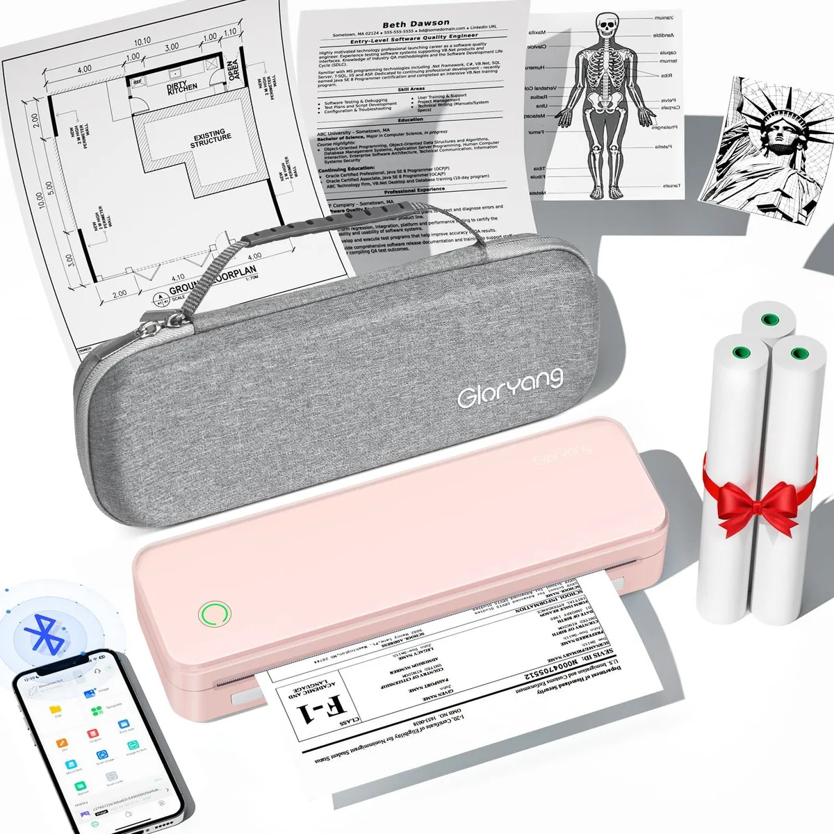 Pink thermal printer with carry case and paper rolls