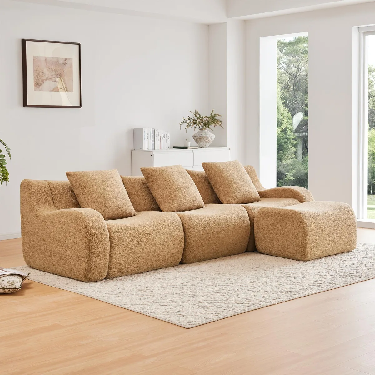 Camel-coloured three-seat boneless sofa in teddy fabric with curved armrests