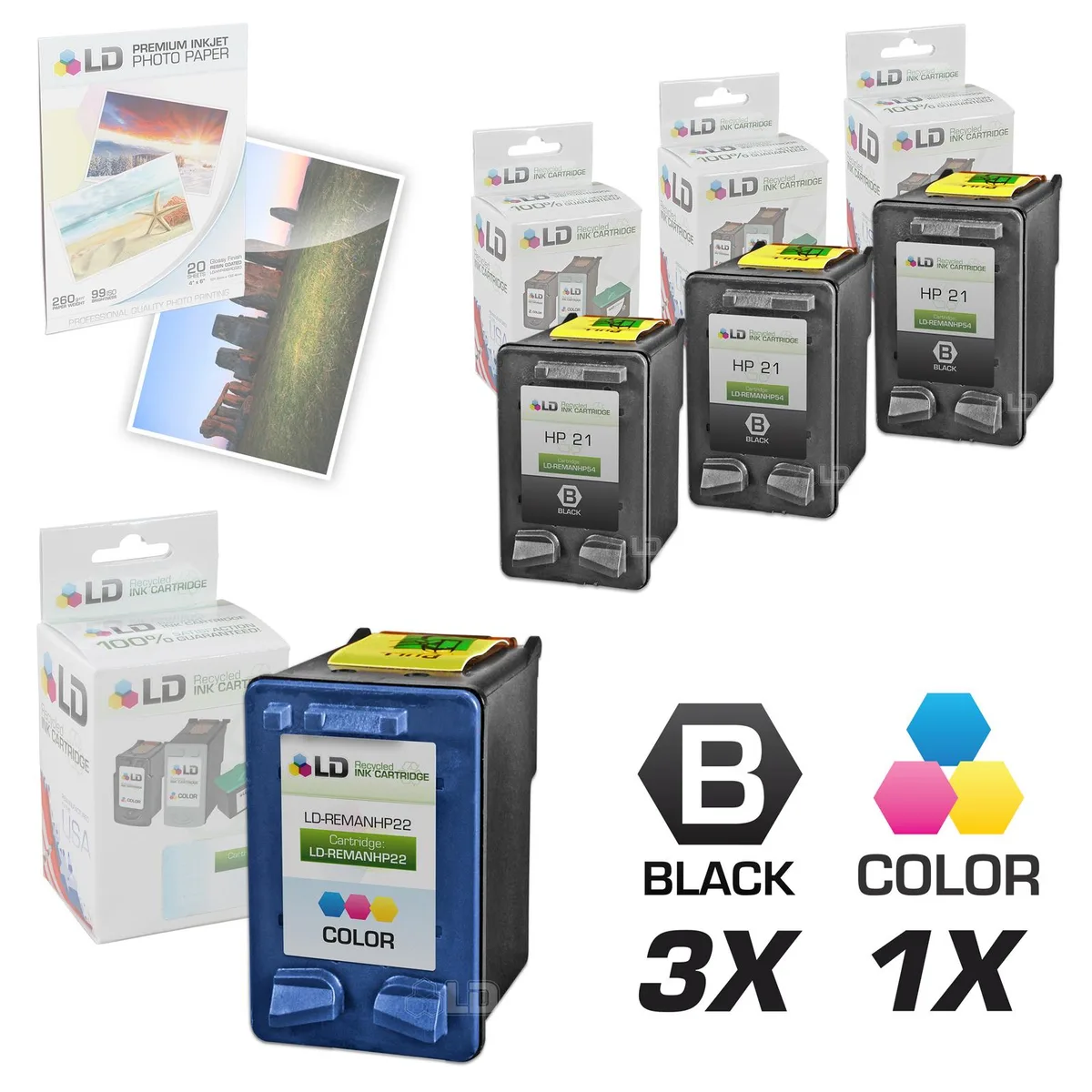 LD Products LD Products Remanufactured Ink Cartridges HP 21 Black 3pk HP 22 Color 1pk + 20 Photo Paper — product photo