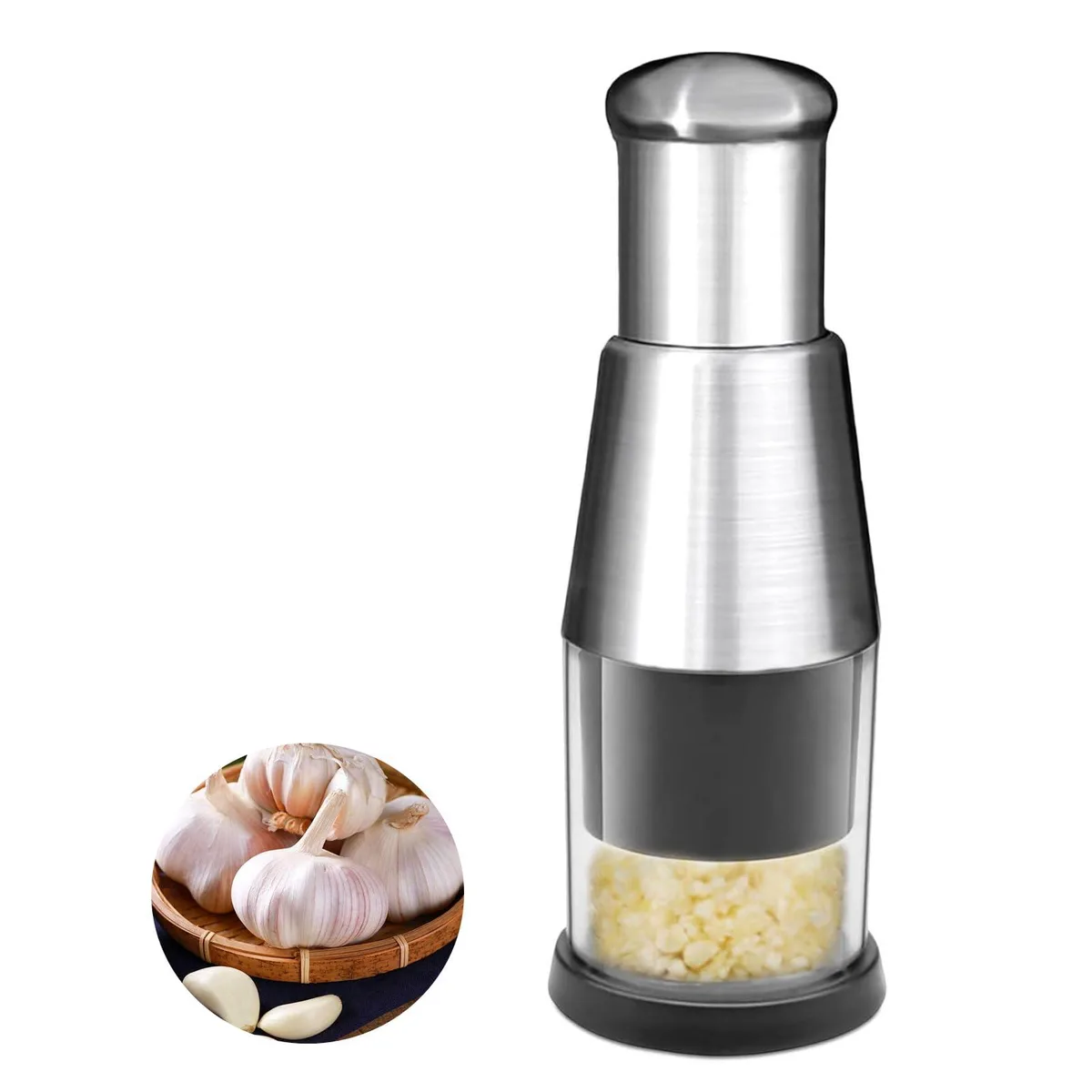 Compact cylindrical manual food chopper with stainless steel blades, black protective sleeve removed, white plastic body