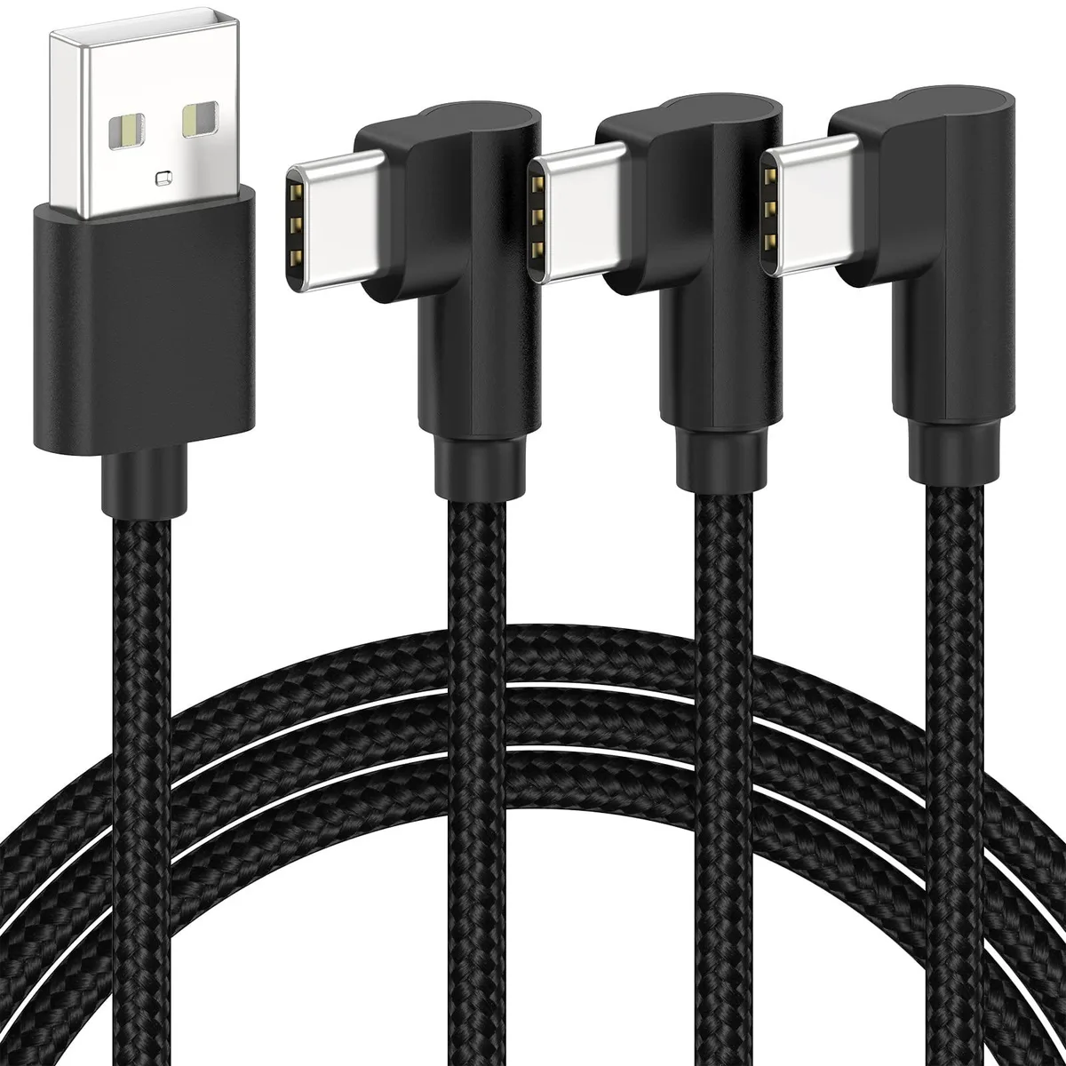 Three black nylon-braided USB-A to USB-C cables with 90-degree connectors, 6.6 ft each