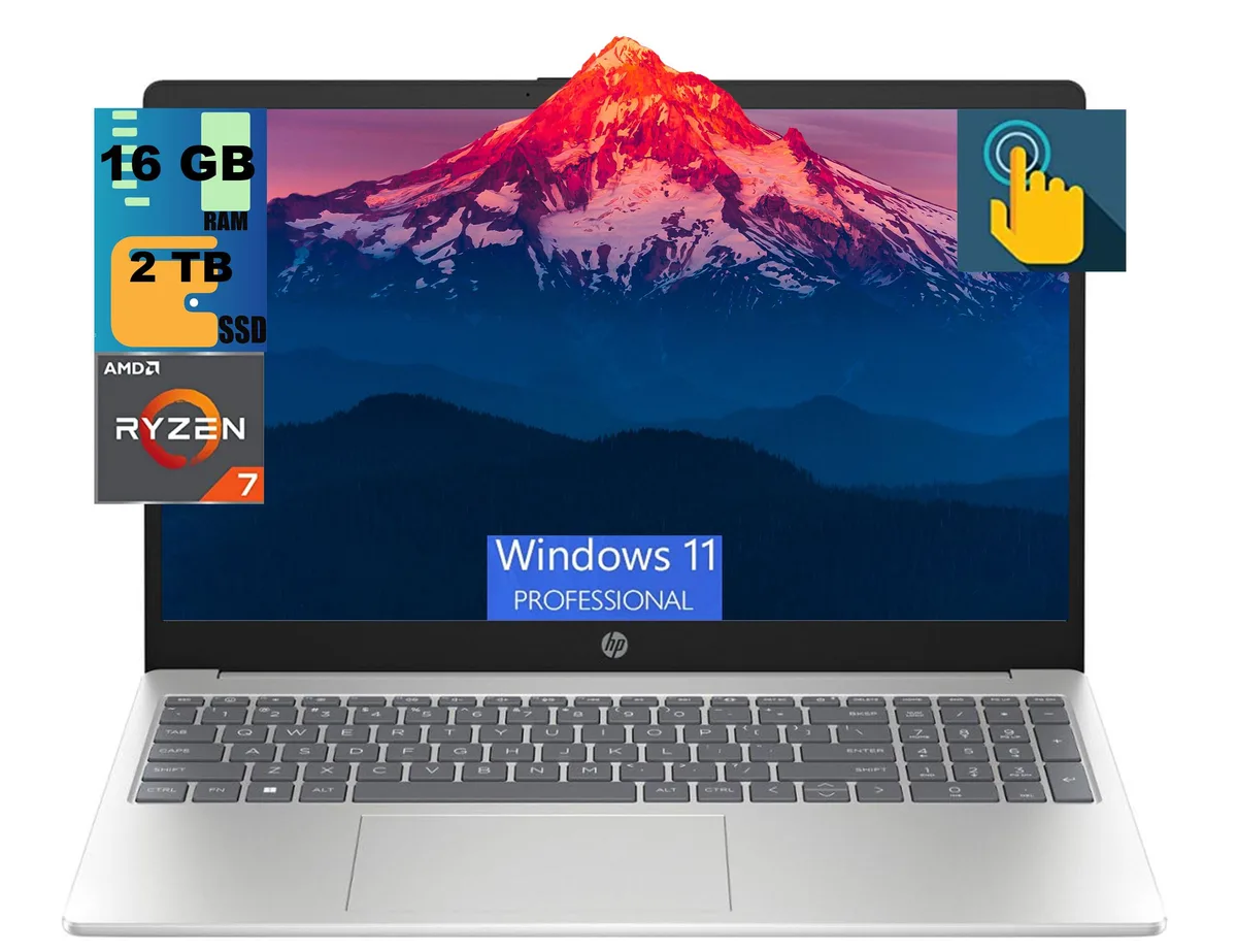 HP HP 15 15.6" FHD Touchscreen Ryzen 7 7730U 16GB 2TB DDR4 Wi-Fi 6 Windows 11 Pro Silver — product photo
