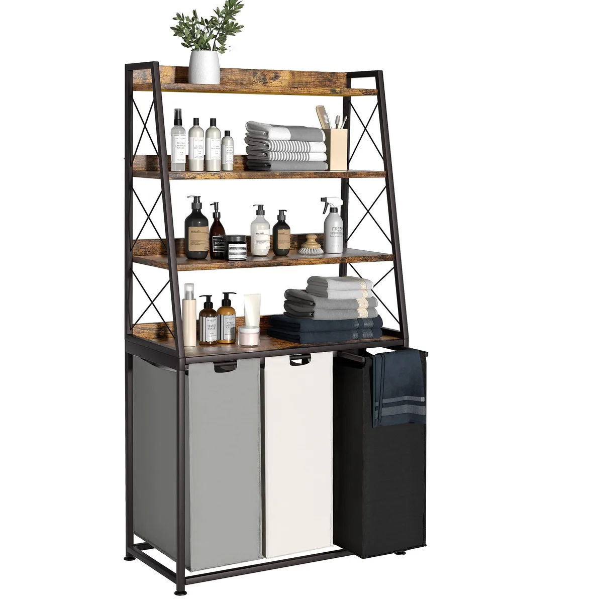 Herture PF05XLN 3-Section Laundry Tub with 4-Tier Shelf 15.87 gal Bags Rustic Brown — product photo