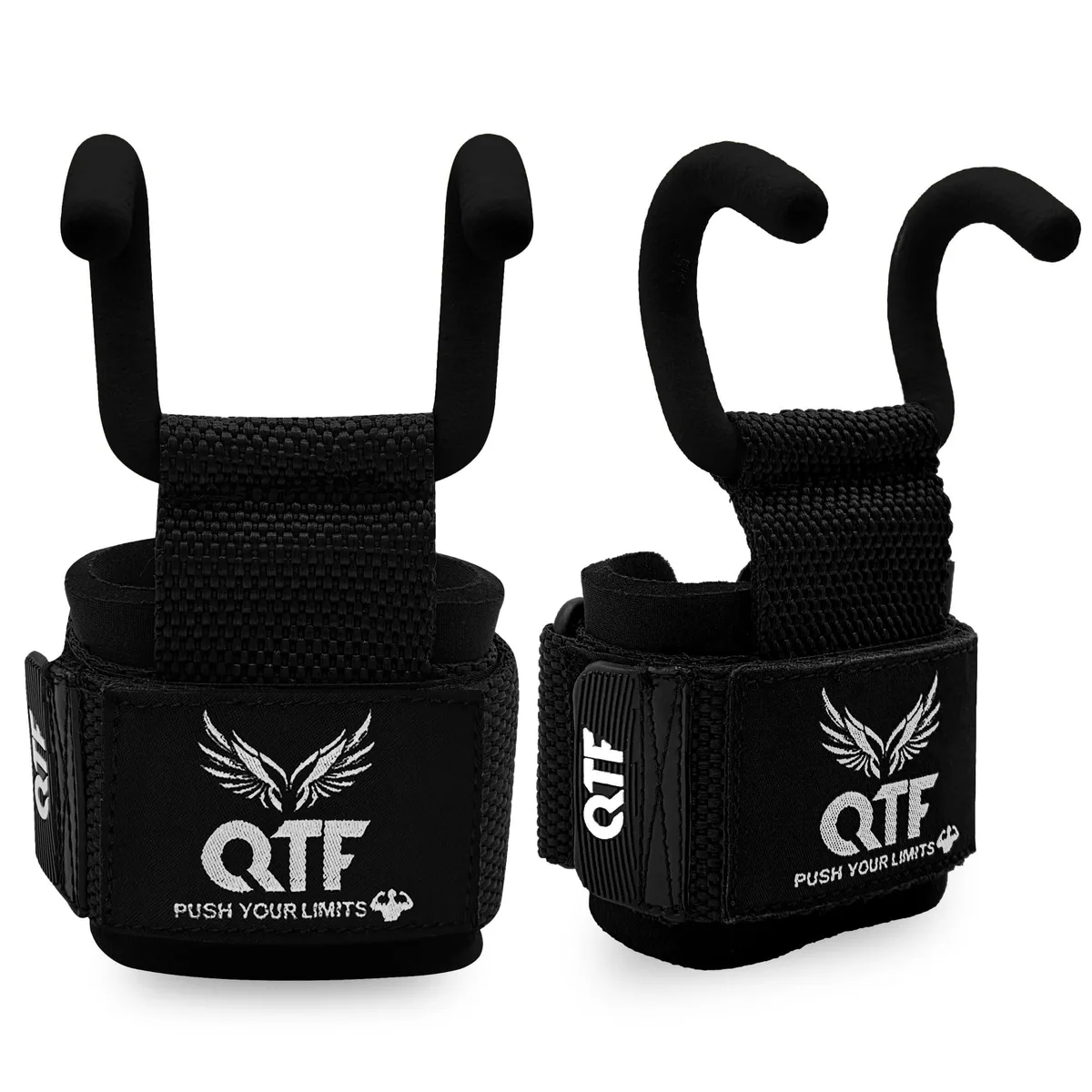 Black wrist lifting hooks with metal hooks and neoprene straps