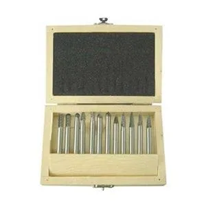 A set of twelve uncoated carbide burs in assorted shapes, 1/4 inch heads