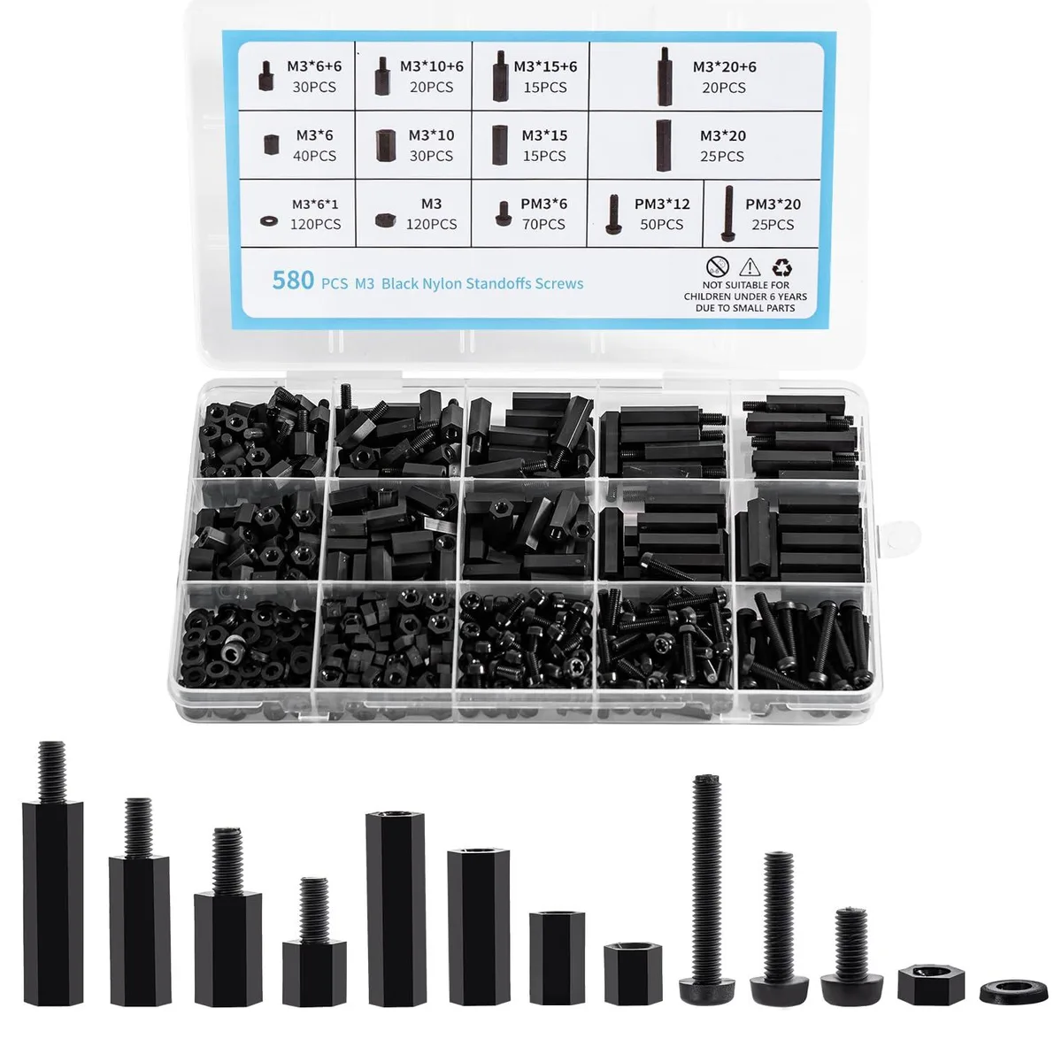 Ladinka 580 PCS M3 Black Nylon Standoff Kit Spacer — product photo