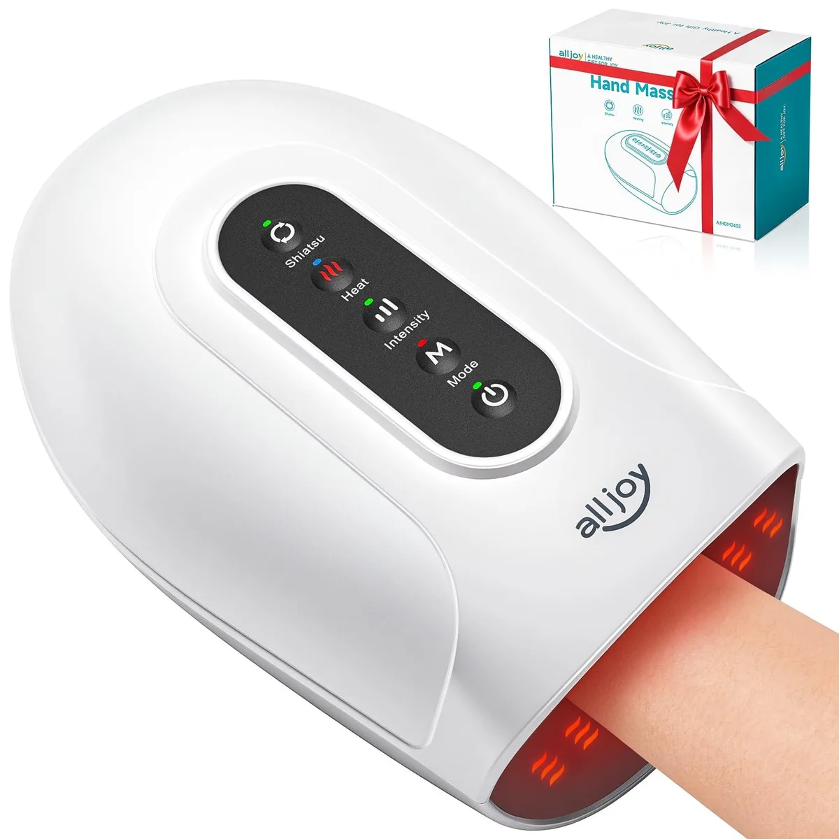 White handheld massager with contoured grip and roller kneading surface