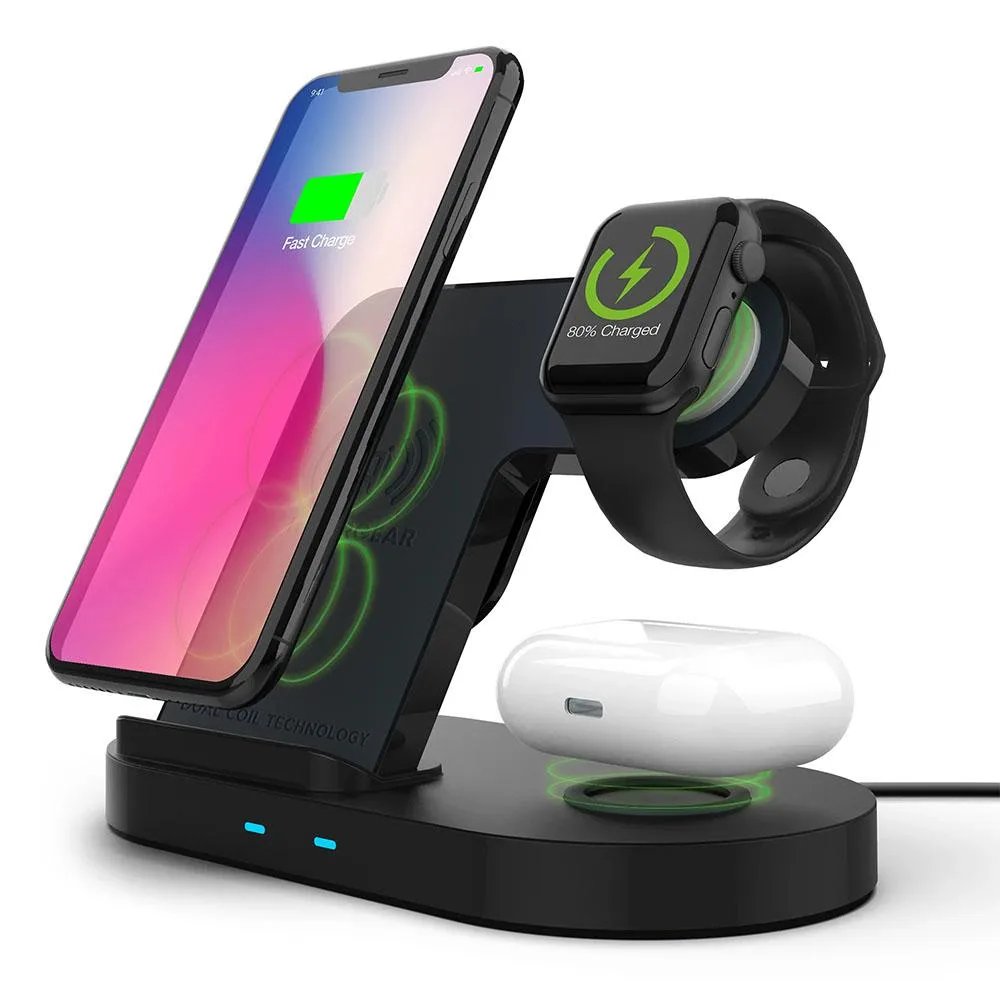Compact white wireless charging dock with phone stand and watch holder, integrated cable routing
