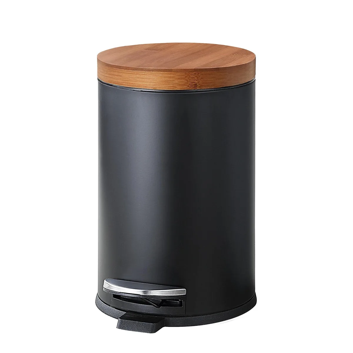Three white round step cans with bamboo lids, 4.5 L each