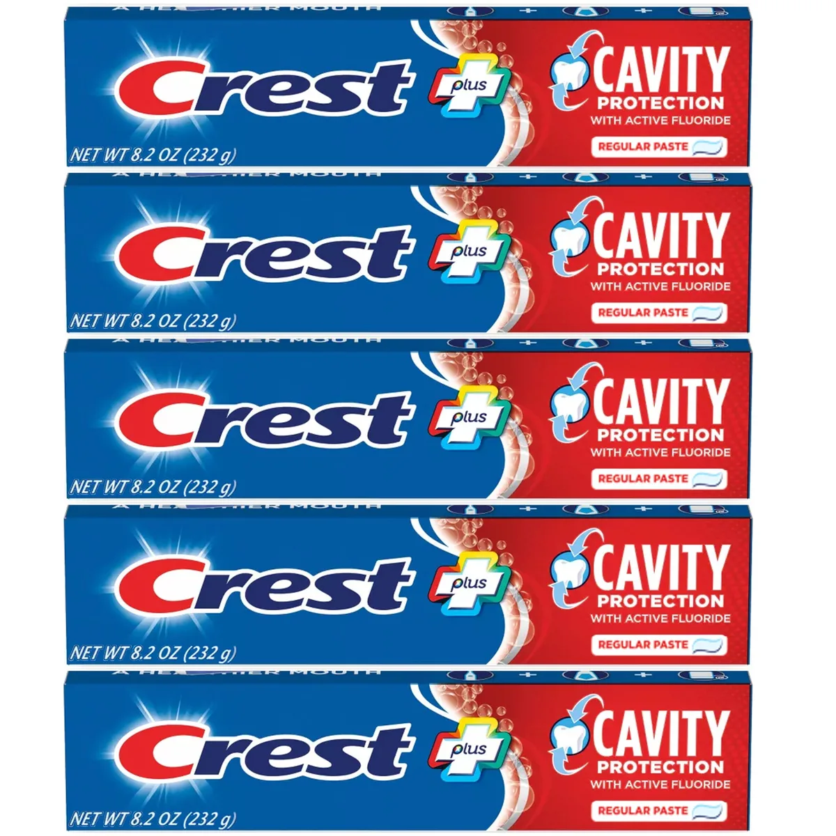 Five white 8.2 oz Crest toothpaste tubes in a row