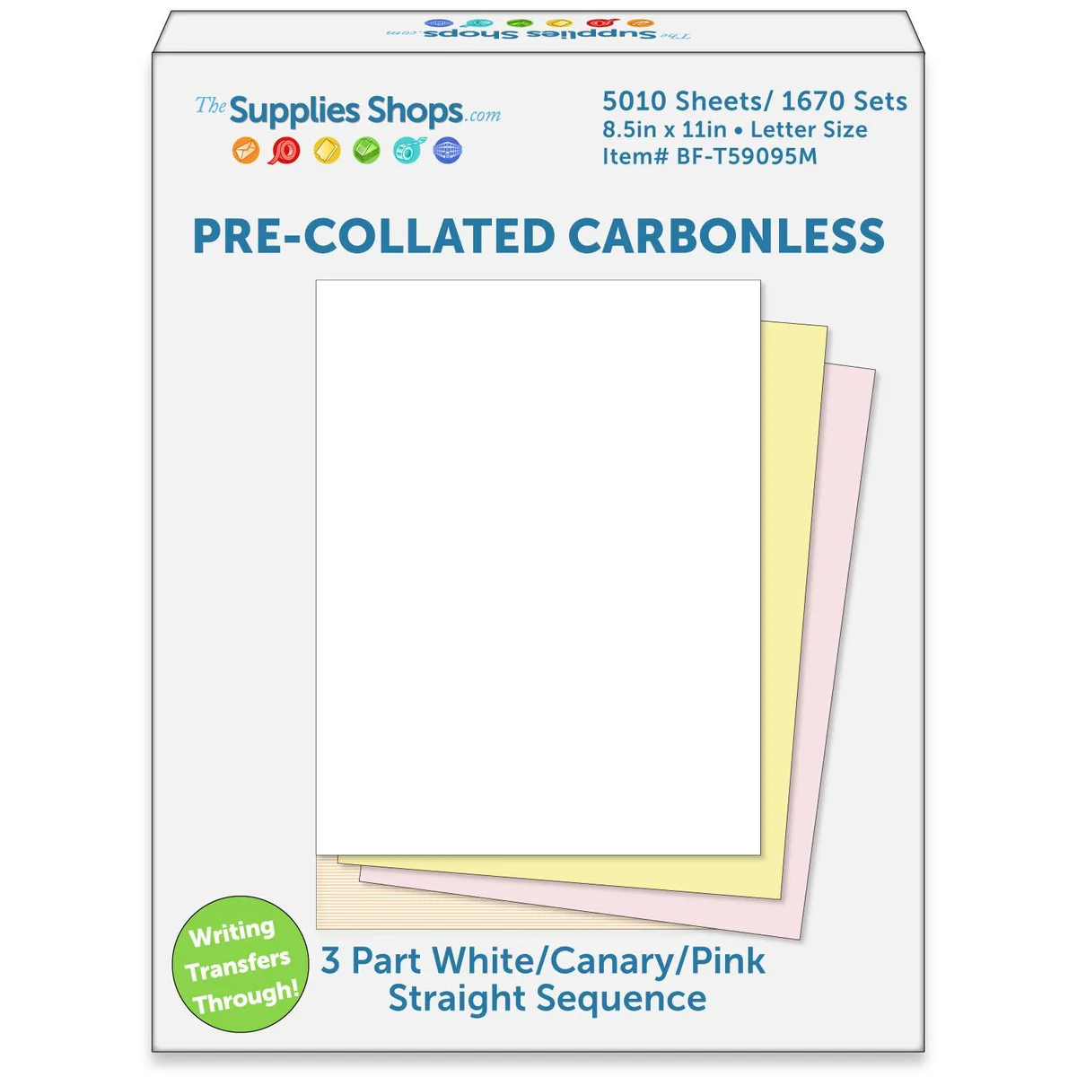 Carton of white, canary and pink carbonless paper sheets