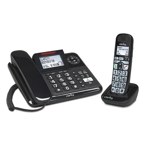 White corded base unit with large high-contrast display and keypad plus matching handset