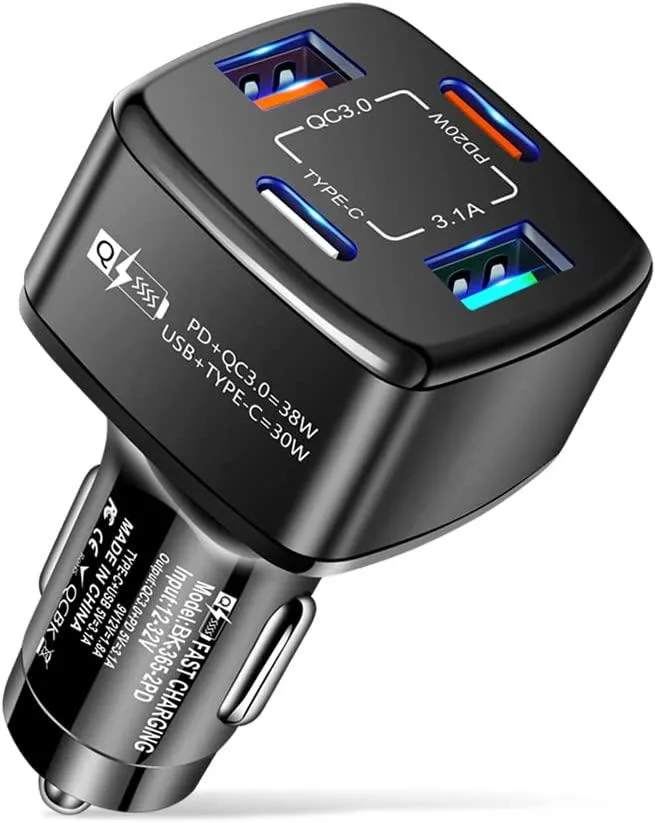 IHDAPP IHDAPP 4-Port USB C Car Charger 38W PD QC 3.0 Black — product photo