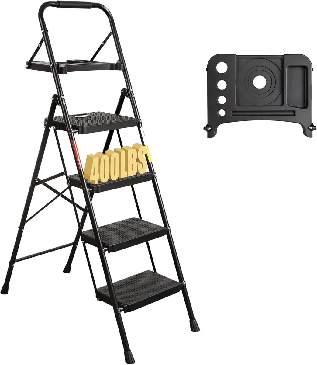 Black four-step steel ladder folded flat with tool tray visible