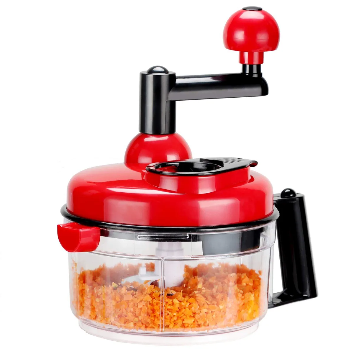 Red hand-crank food processor with egg separator and safety lock