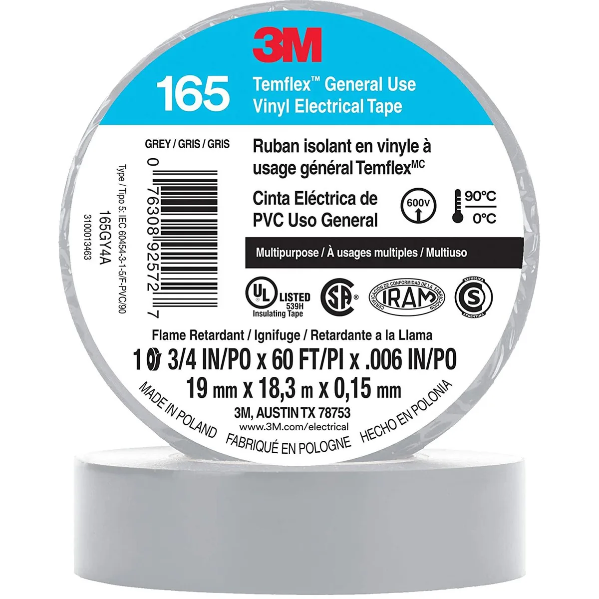3M 3M Temflex 165 Grey Electrical Tape 6 mil 3/4 in x 60 ft 10-pack — product photo