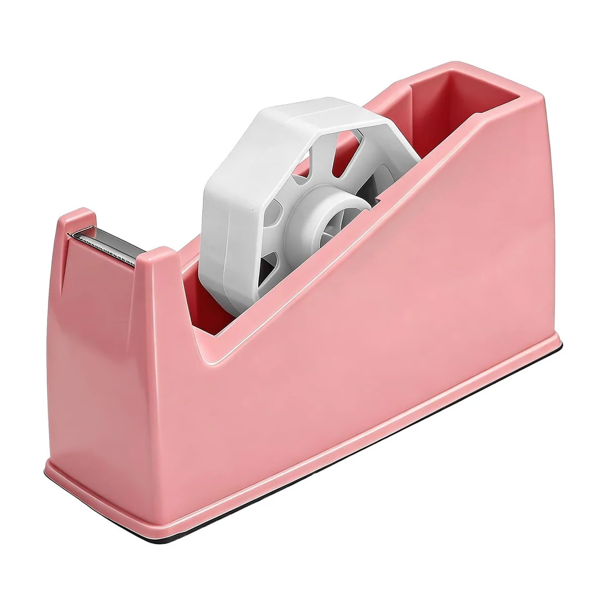 Pink dual-core tape dispenser with weighted non-skid base and serrated blade