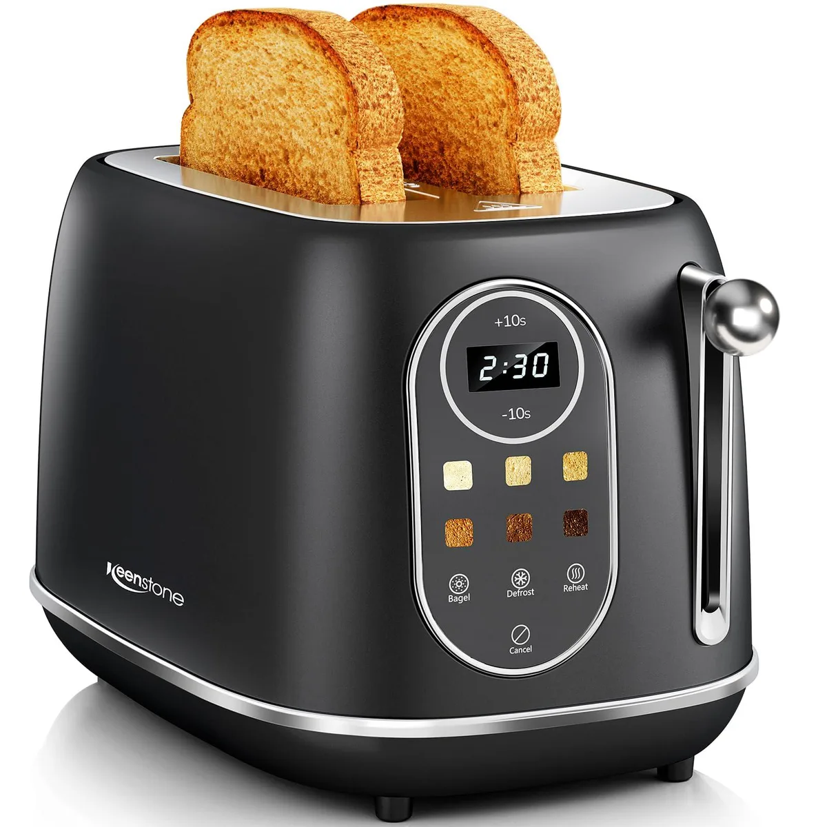 Black two-slice toaster with touchscreen and wide slots