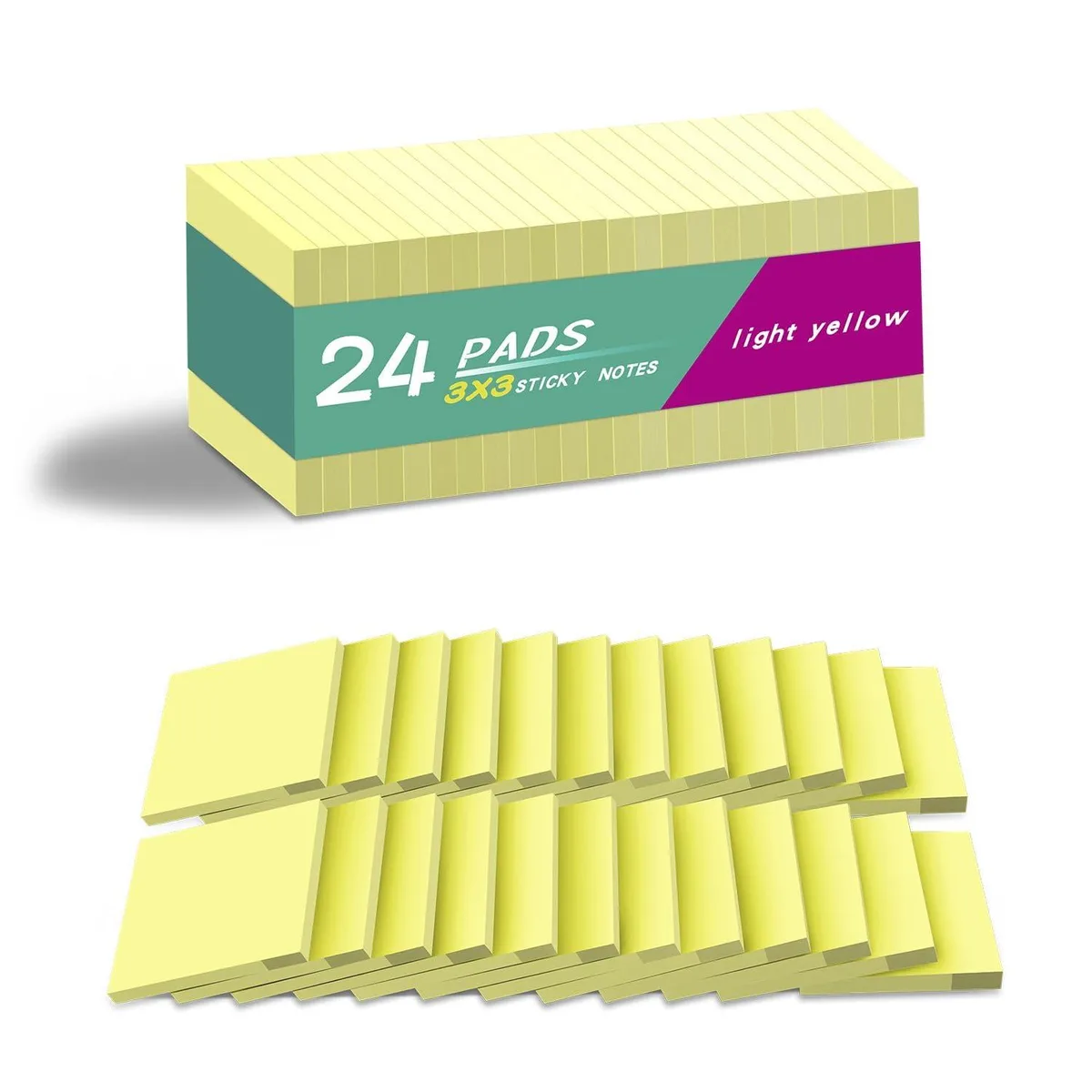 A stack of 24 square yellow sticky-note pads, each 3 by 3 inches