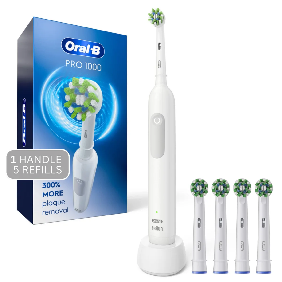 White rechargeable electric toothbrush handle with charger and four brush heads