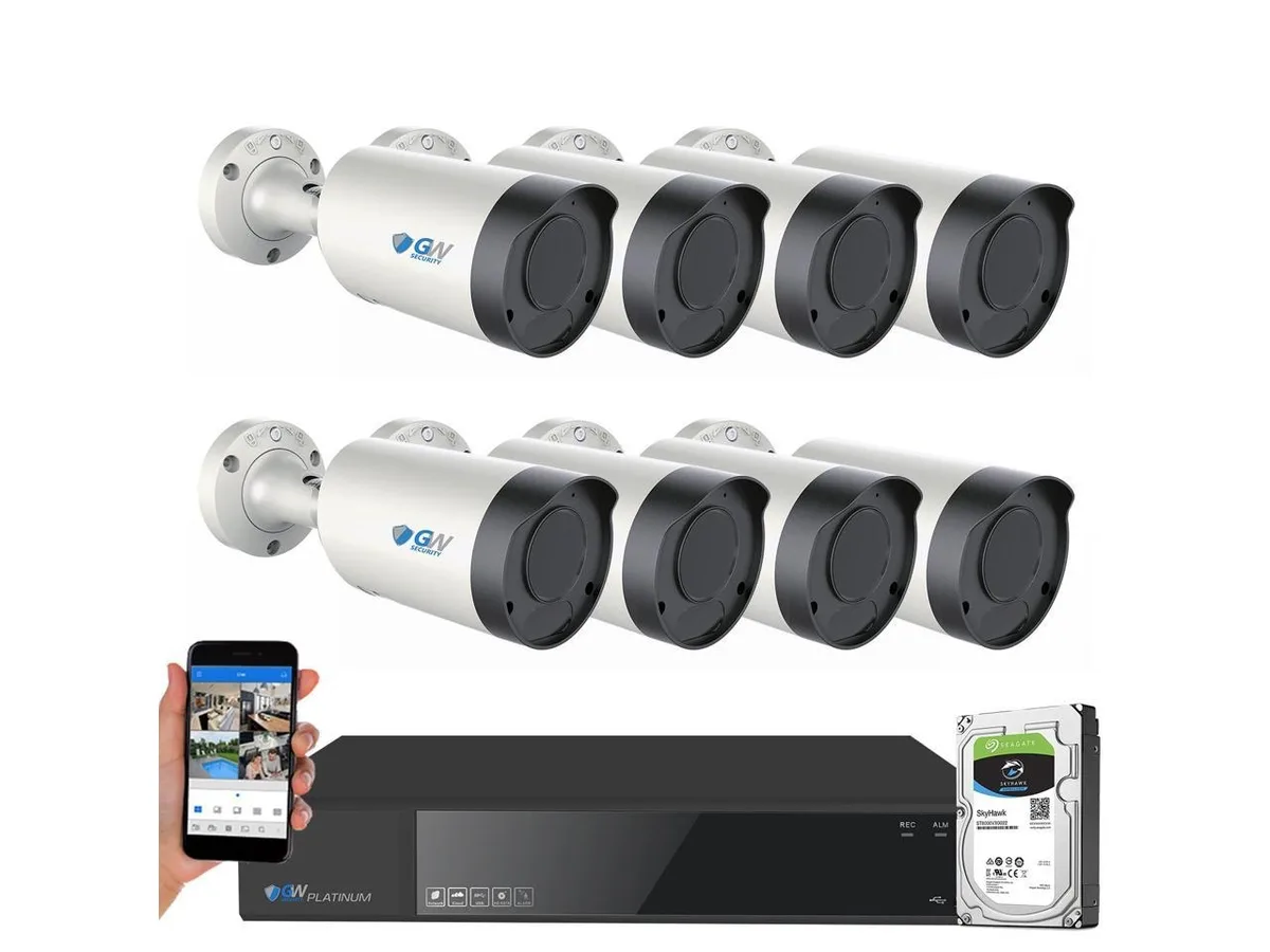 GW Security Inc. GW Security Inc. GW7808NP 8-channel 4K NVR kit with 4TB HDD and 8 varifocal bullet cameras — product photo