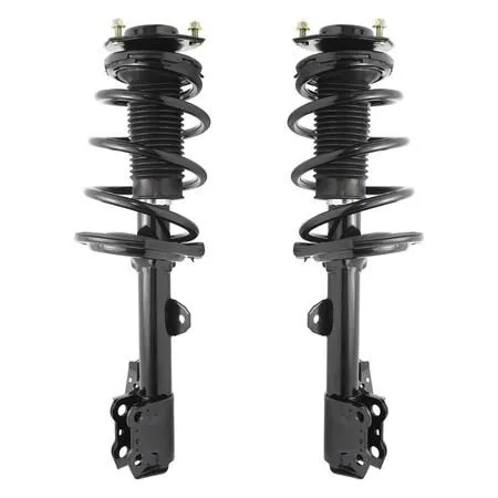 Pair of silver front strut assemblies with coil springs and top mounts