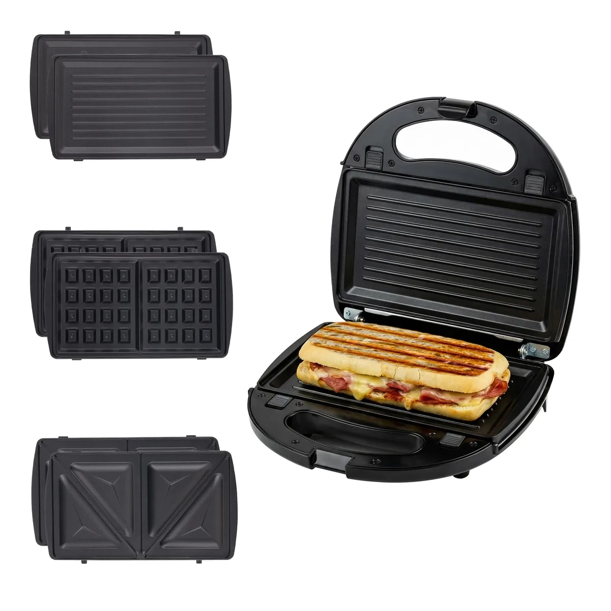 Black 3-in-1 sandwich maker with interchangeable waffle, grill and sandwich plates, cool-touch handle and indicator lights