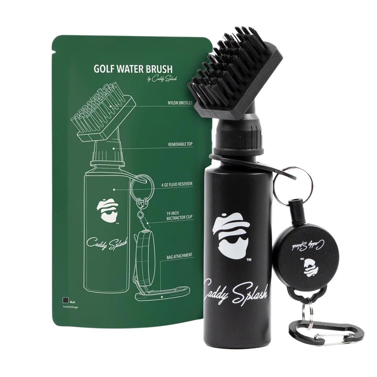 Black plastic golf club brush with water reservoir and retractable clip attached