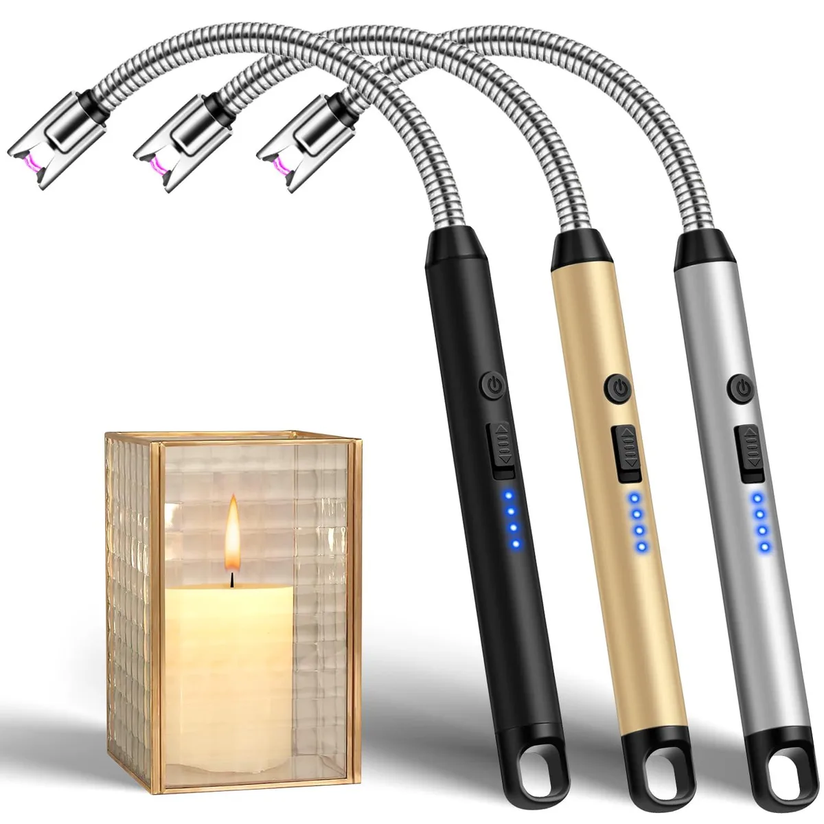  LcFun 3 Pack Electric Plasma Arc Lighter USB Rechargeable LED Display Gold — product photo