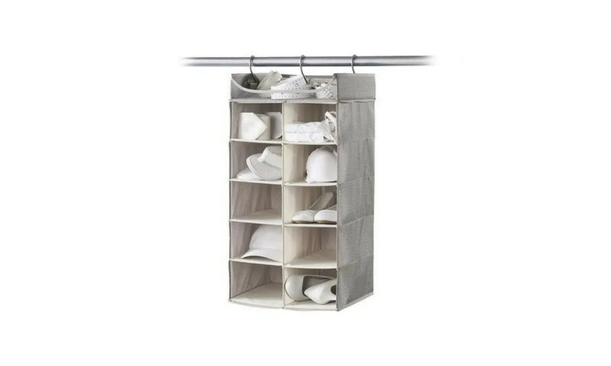 Gray polyester hanging closet organizer with ten cubbies and top shelf