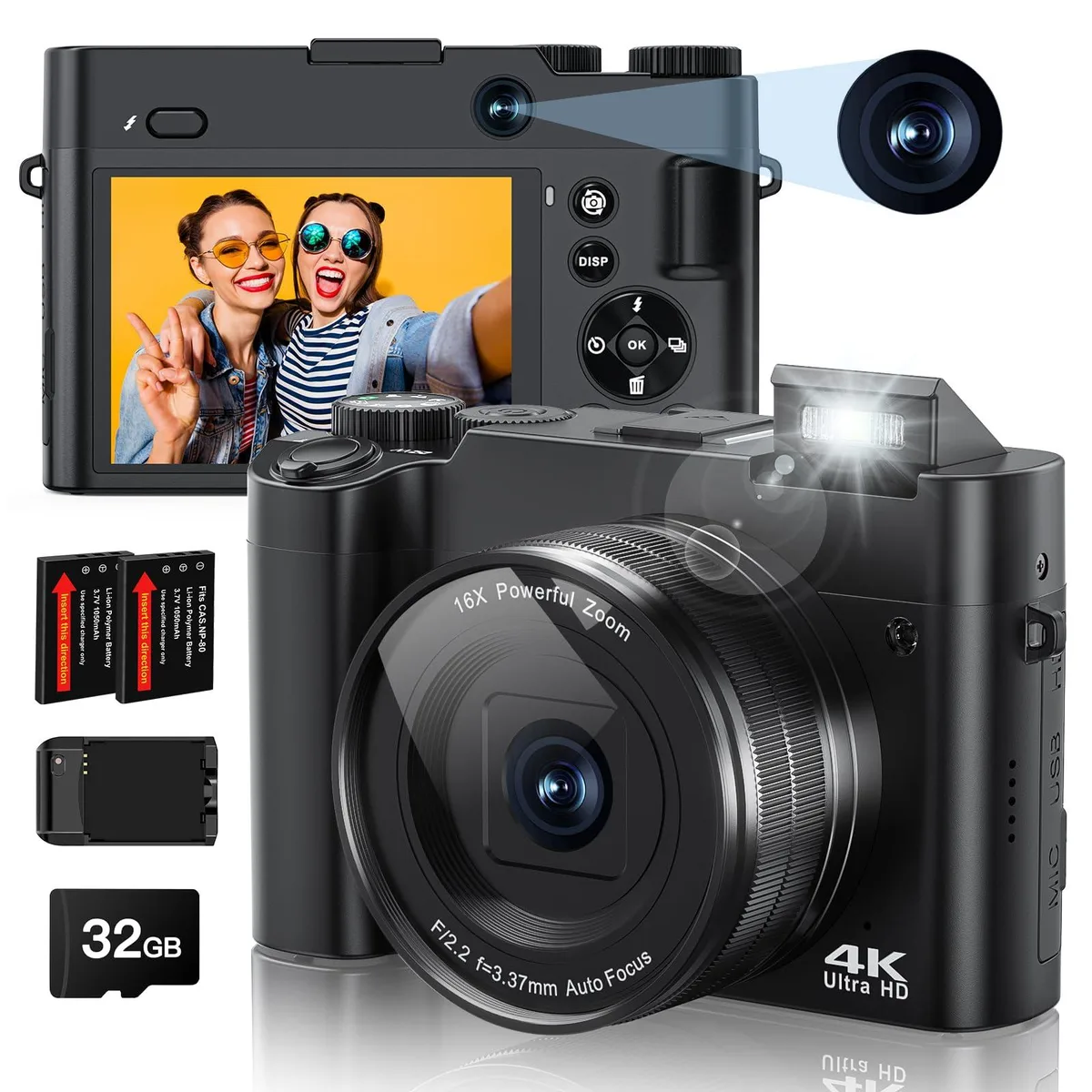 Zostuic DC218 48MP 4K Point & Shoot Camera 16X Zoom 32GB Card 2 Batteries — product photo