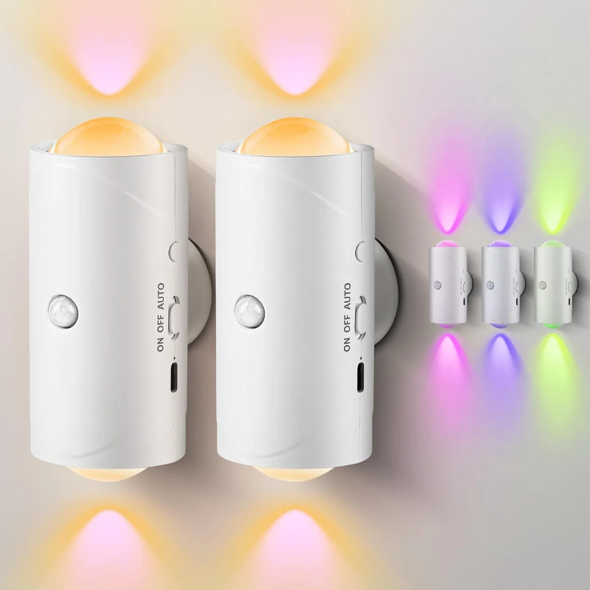 Two small white acrylic wall lights with magnetic mounts and USB cables