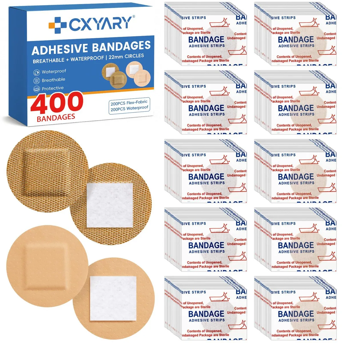  400 Round Bandages Fabric &amp; Waterproof .87 in 200+200 Latex Free — product photo