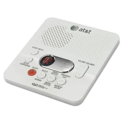 White rectangular digital answering machine with LCD display and control buttons
