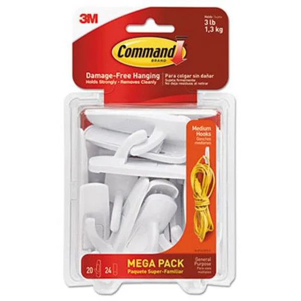 White medium Command hooks, twenty hooks with twenty-four strips, model 17001