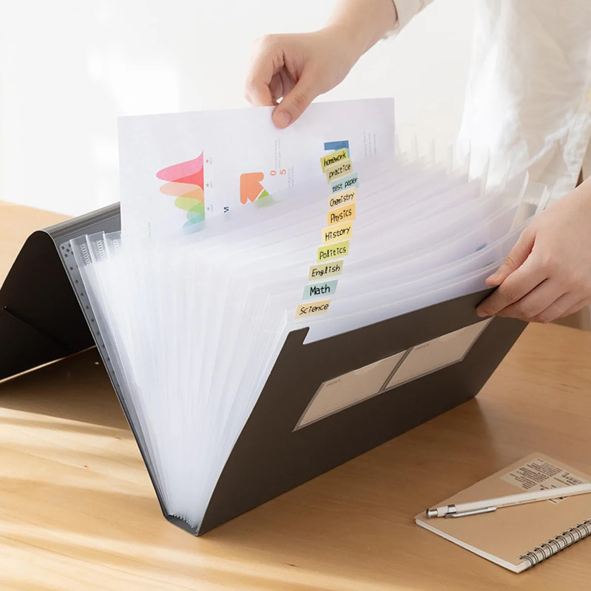 Black polypropylene accordion folder with 13 expandable pockets and elastic closure