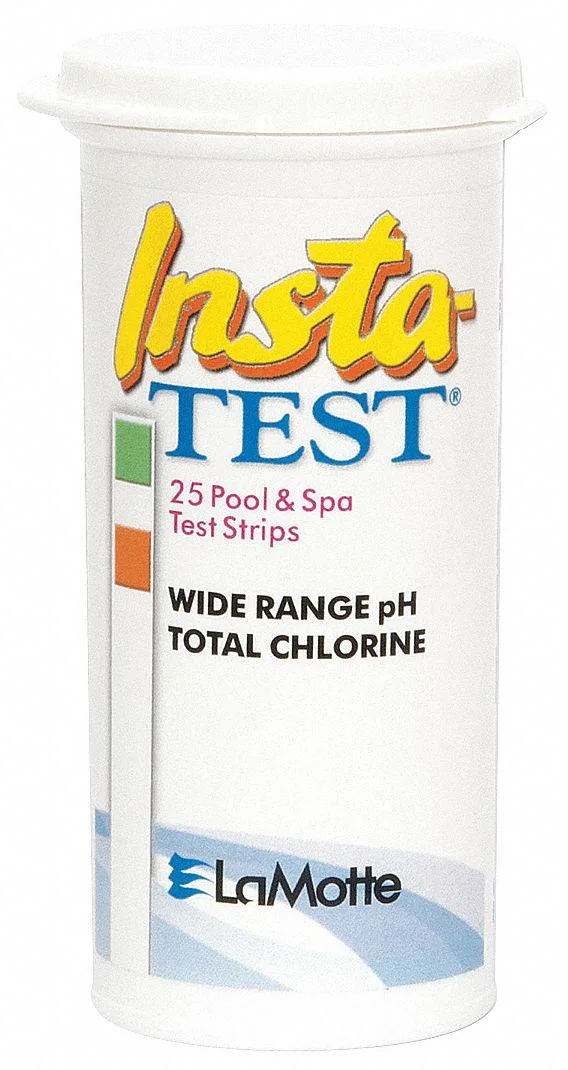 Blue test strips in a container with color chart label