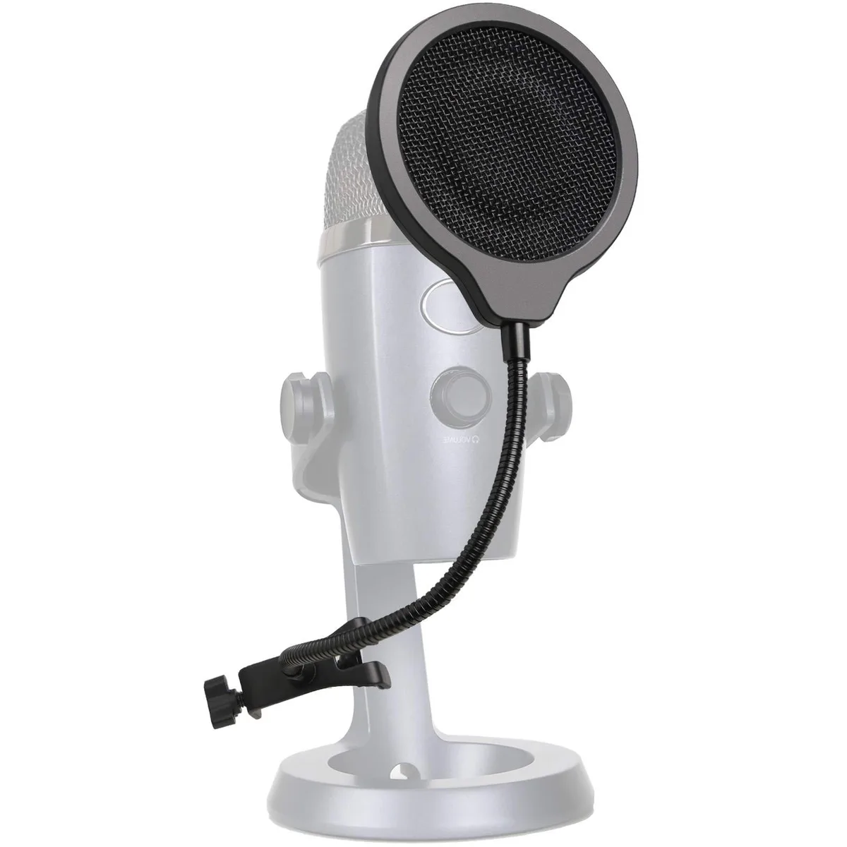 Black circular pop filter with triple mesh layers on flexible gooseneck and flat clamp