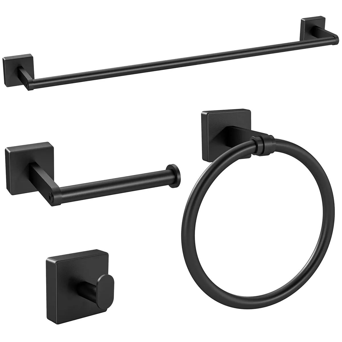 Matte black four-piece bathroom set with 24 inch towel bar, ring, paper holder and hook