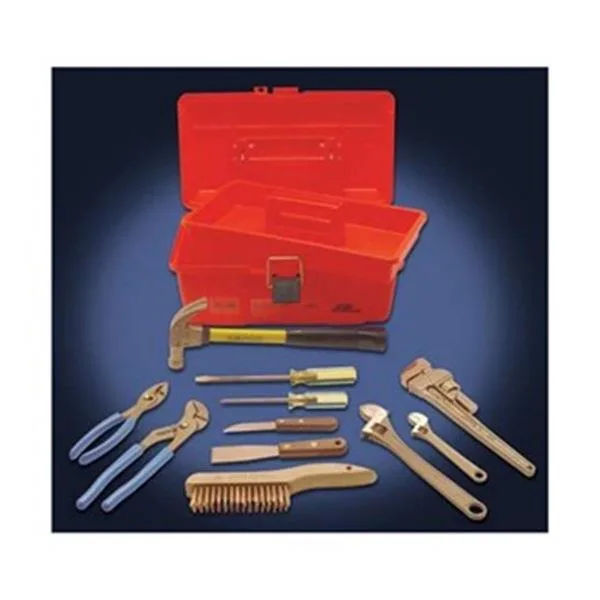 Eleven-piece non-sparking tool set in metal finish with adjustable wrenches, pliers, scrapers and screwdrivers