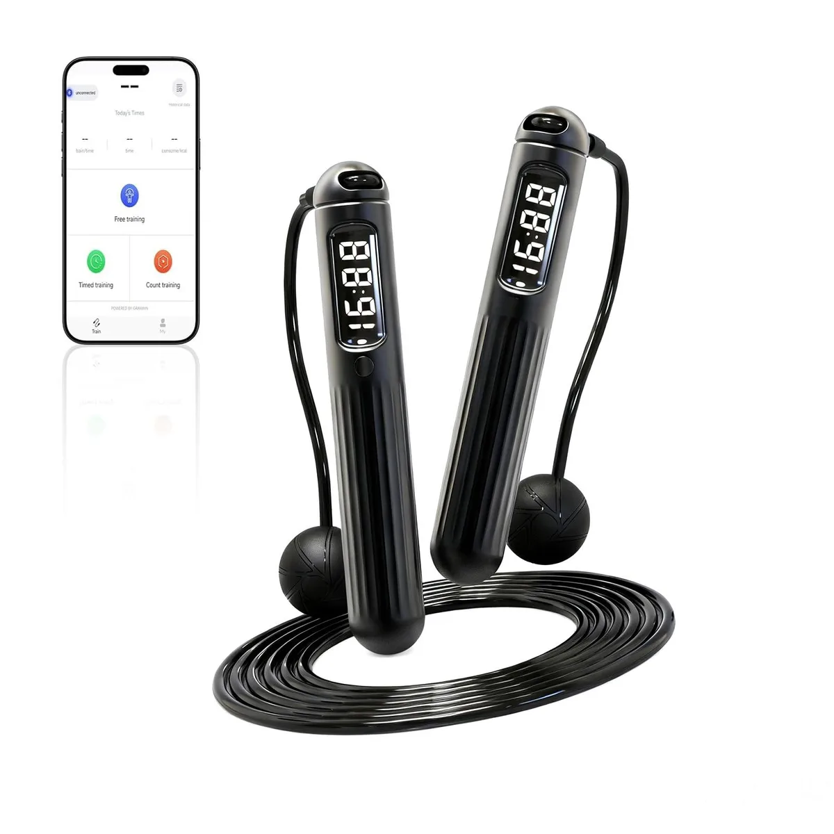 Black smart jump rope with LCD counter display, ergonomic handles, and cordless weighted balls