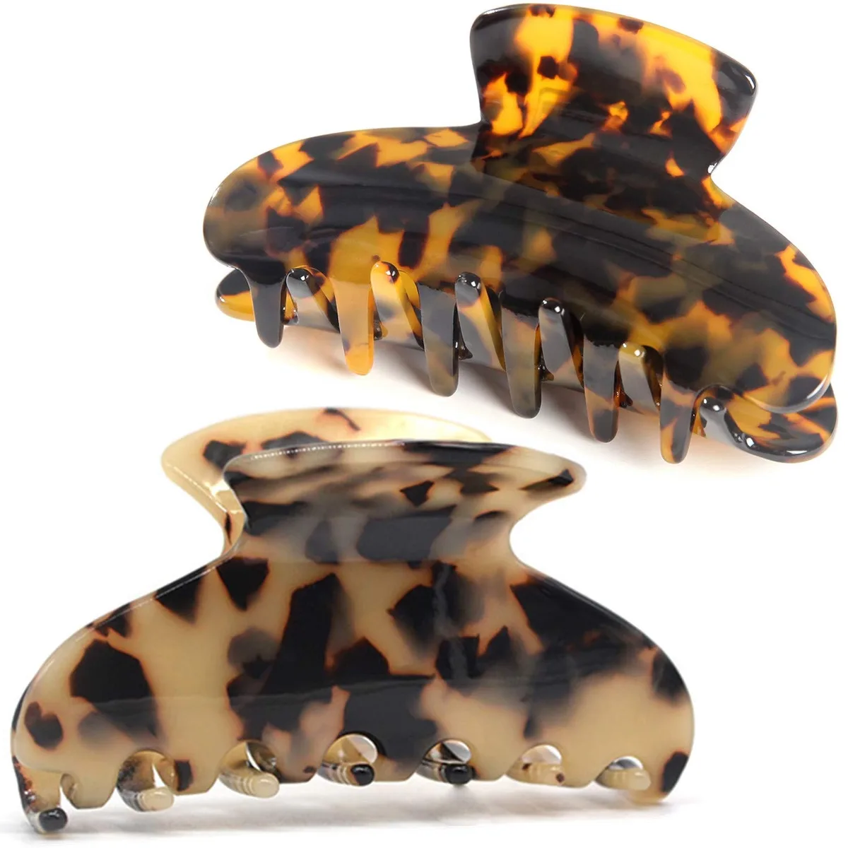 Two large tortoise-shell and leopard-print cellulose acetate claw clips, 9.5 cm long