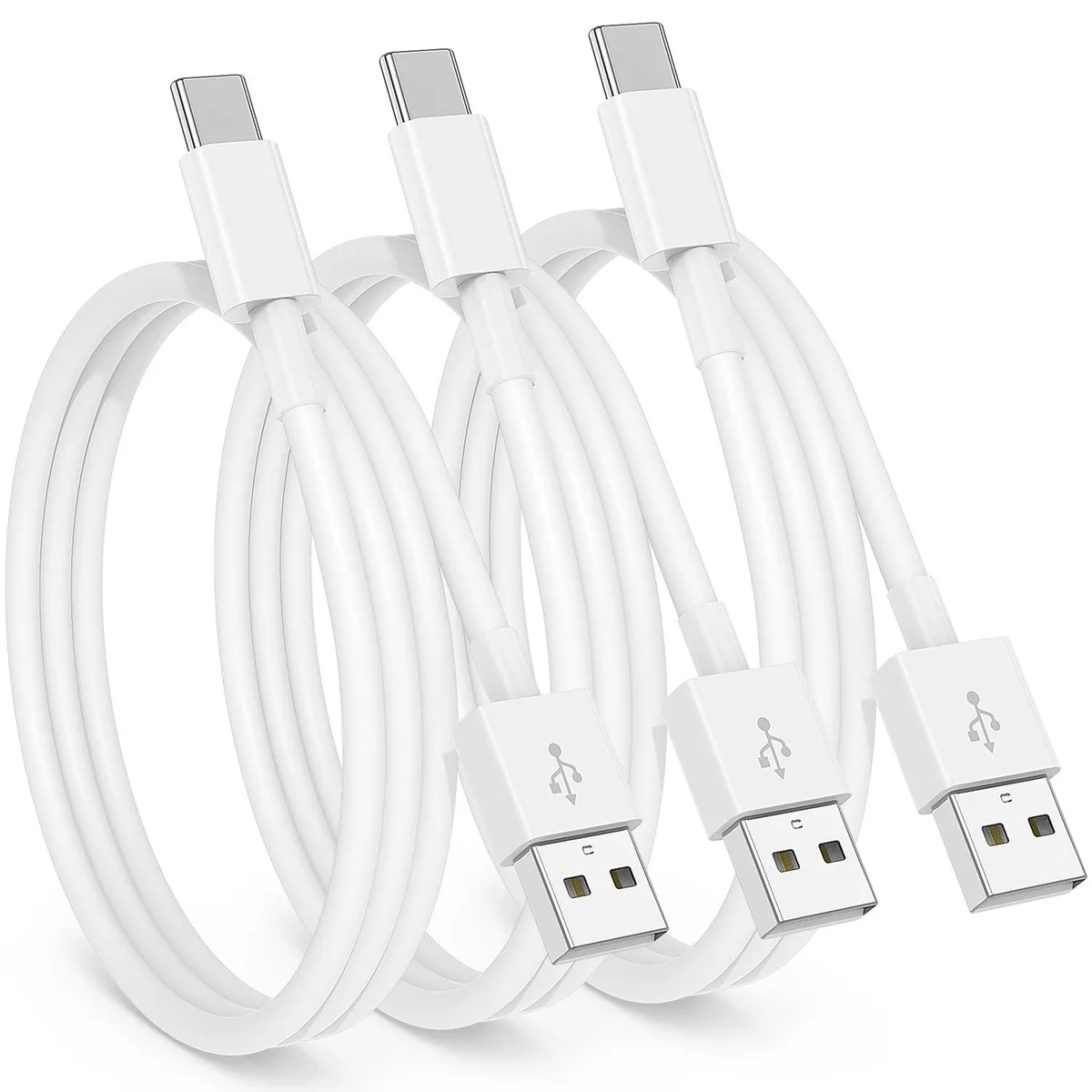 Three white USB-A to USB-C cables coiled together, 3 ft each