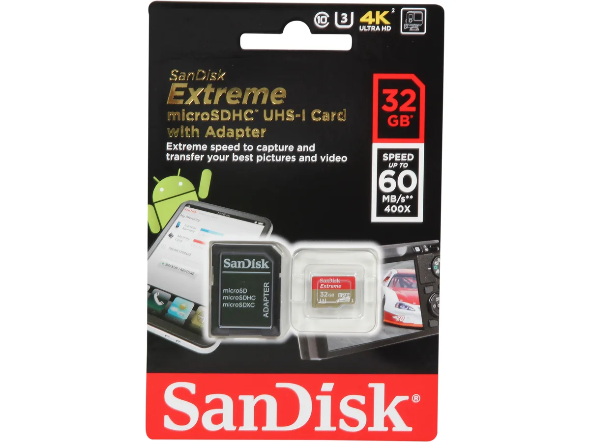 SanDisk SanDisk Extreme 32GB microSDHC UHS-I Class 10 60MB/s 40MB/s SDSDQXN-032G-G46A memory card — product photo