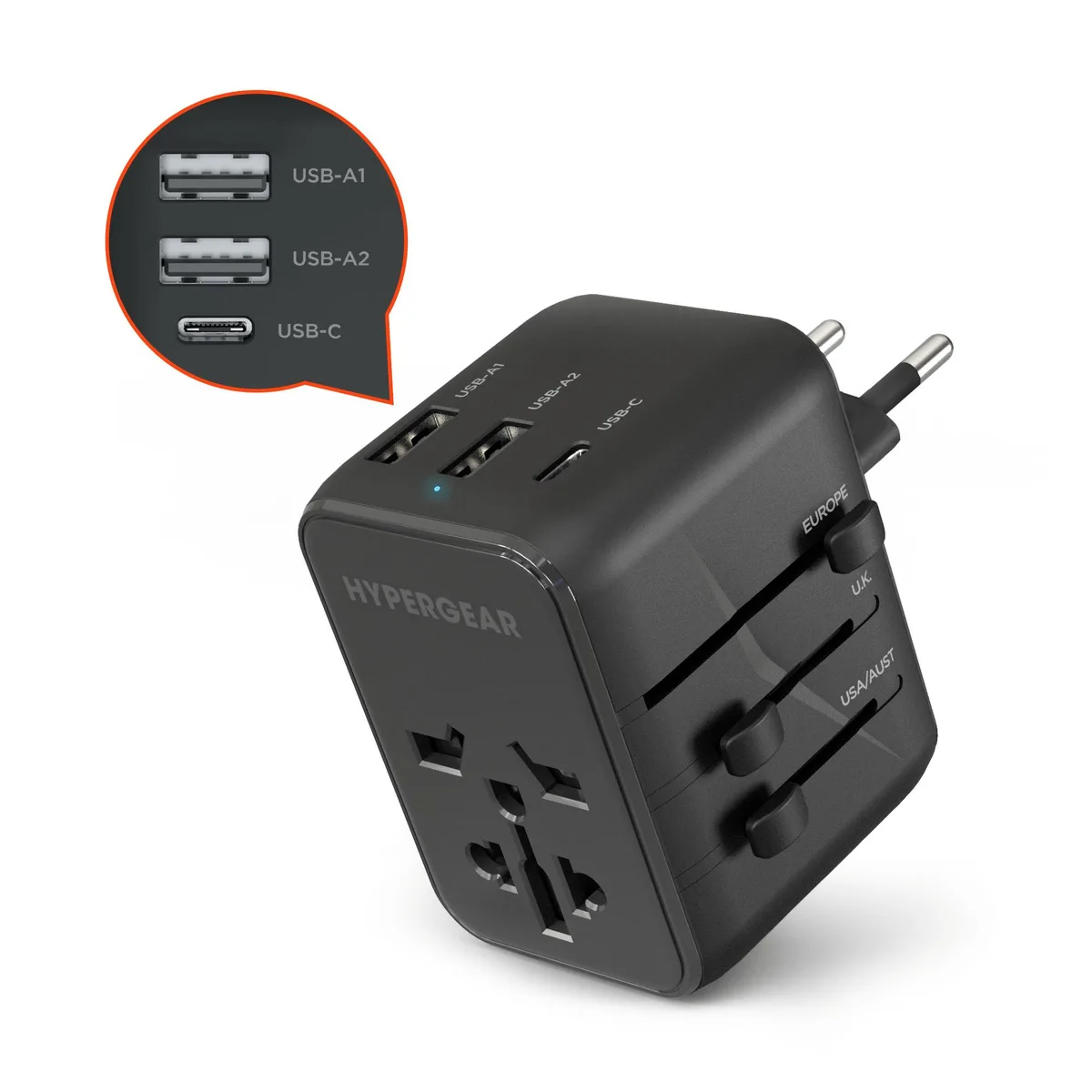 HyperGear HyperGear WorldCharge Universal Travel Adapter USB-C 15W Black — product photo