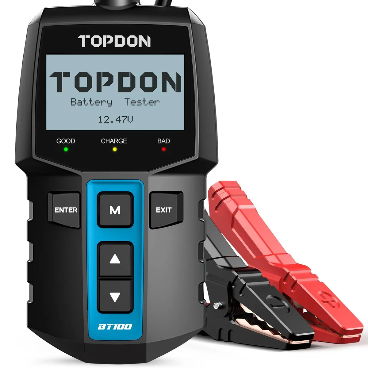 Compact rectangular battery tester with red and black clamps, grey plastic body, small screen