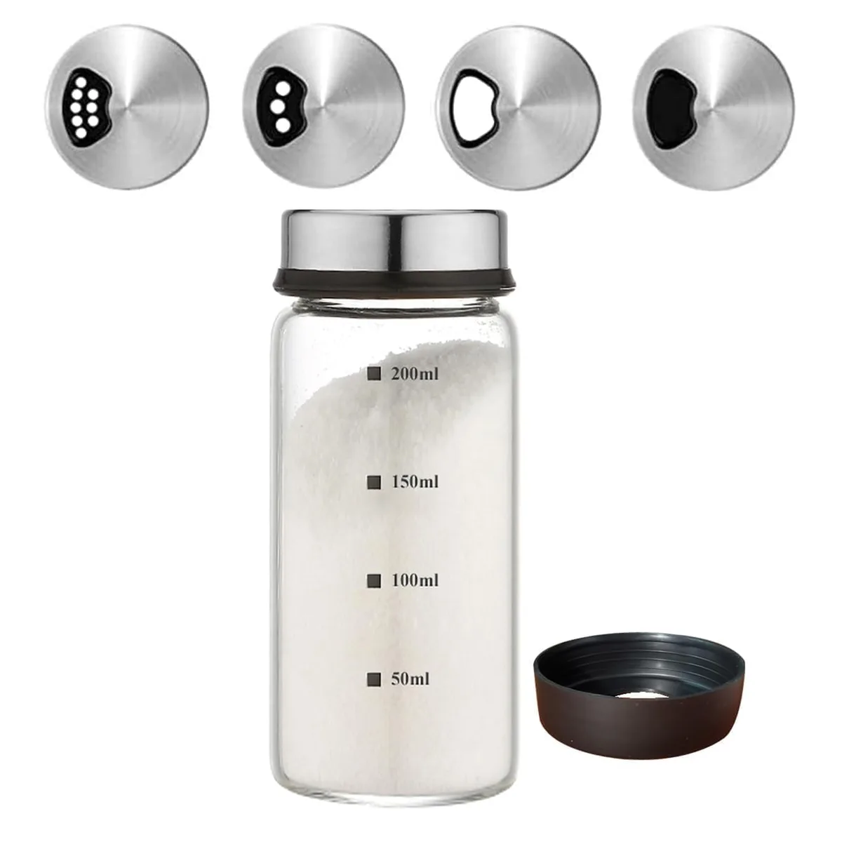 Clear glass spice shaker set with stainless steel rotating lid and silicone base