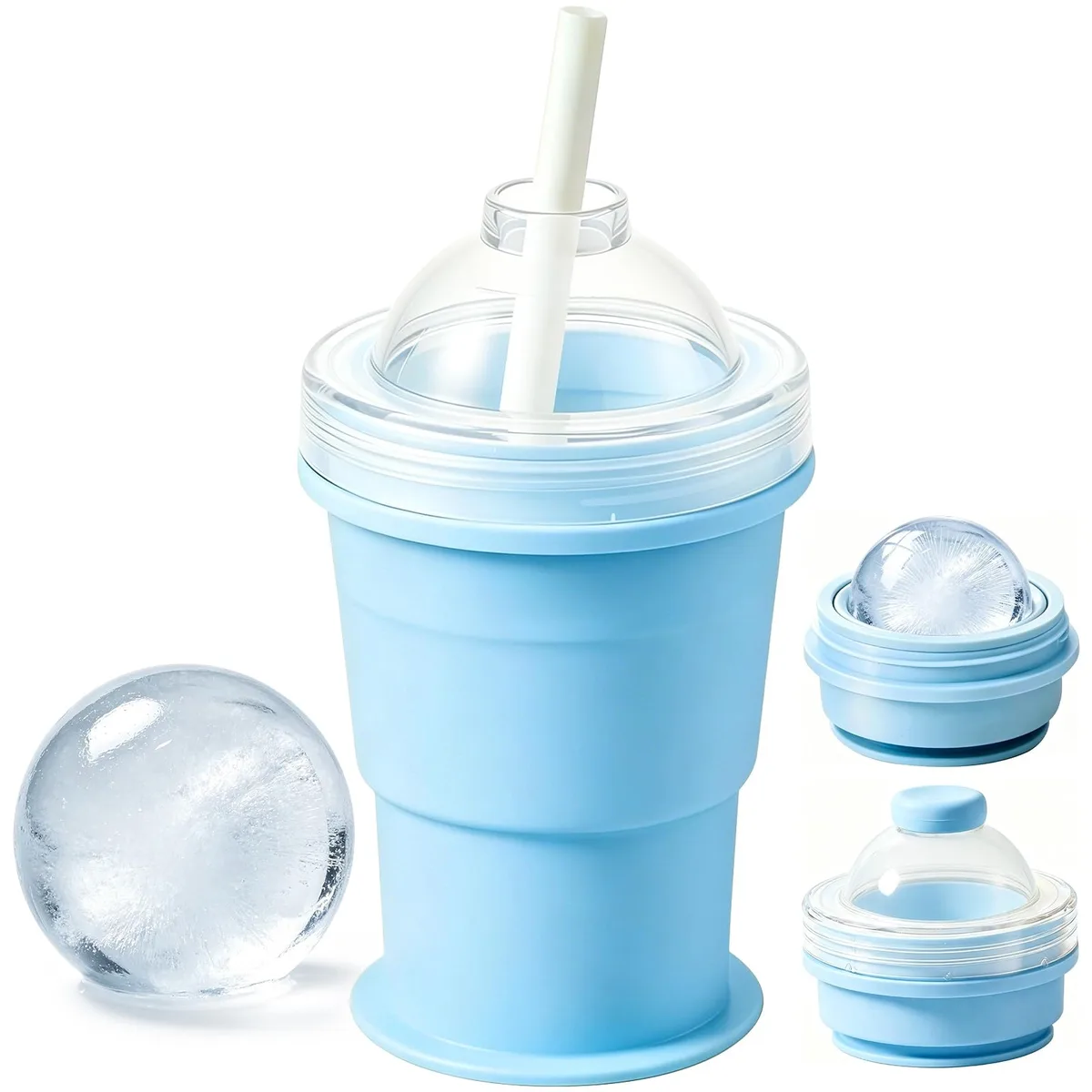 Blue collapsible silicone cup with lid and straw, 3.58 by 5.98 inches