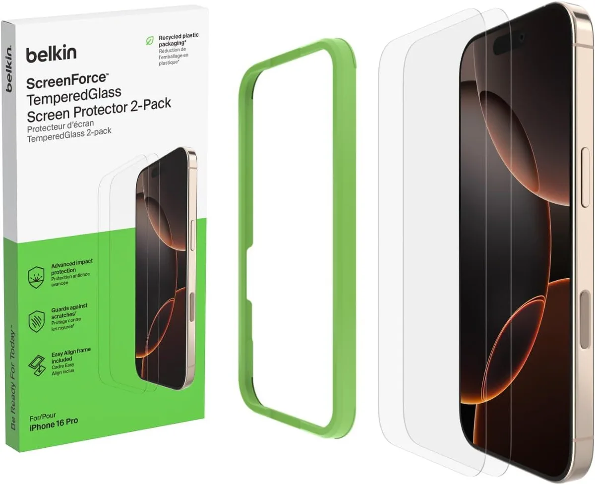 Two ultra-thin clear glass protectors with alignment frame for iPhone 16 Pro