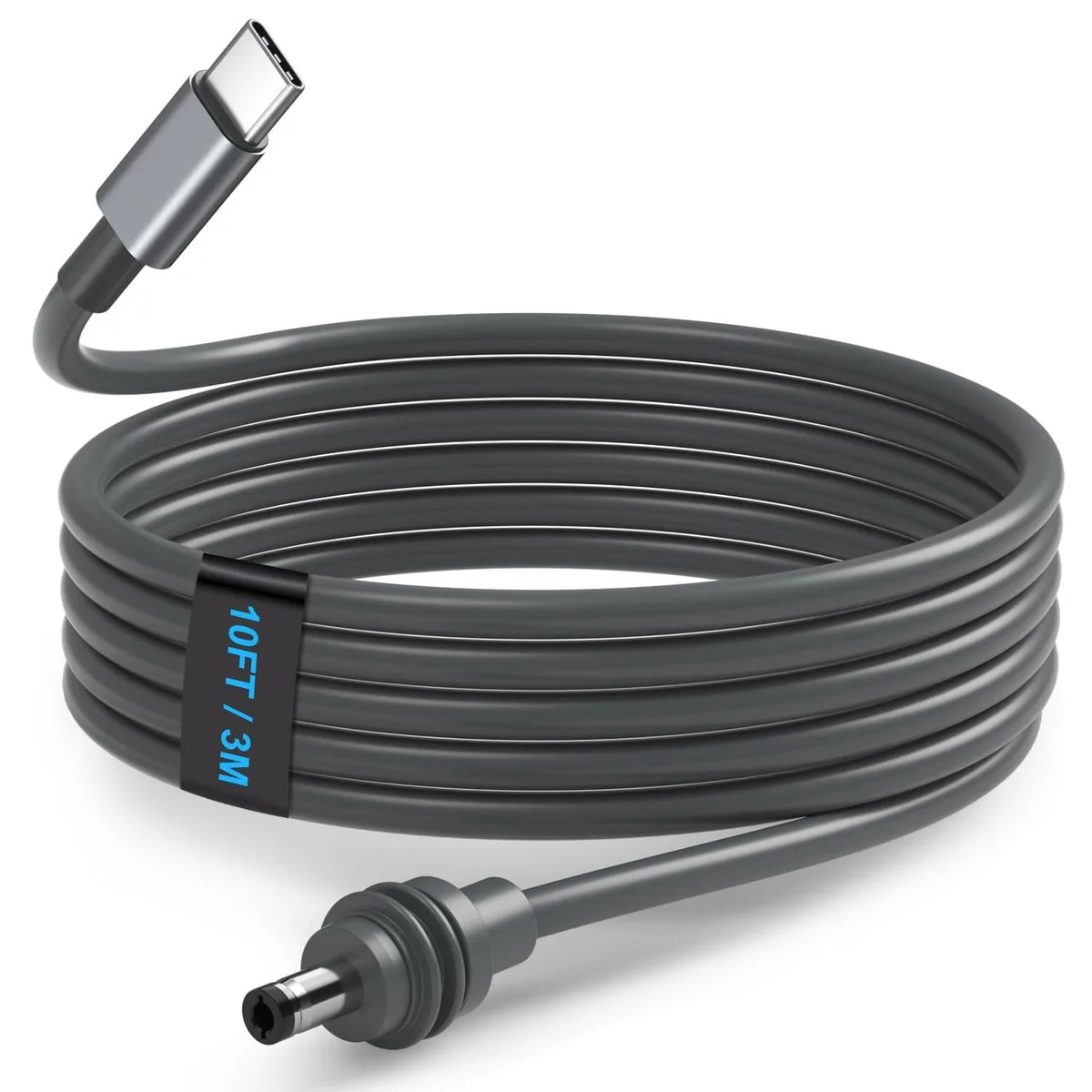 Gray USB-C to DC power cable with waterproof barrel connector, 10 ft length